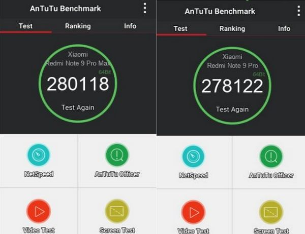 Сравнение мощности по AnTuTu для телефонов Xiaomi Redmi Note 9 Pro и Max Уровень производительности телефонов Редми Ноут 9 Про и Редми Ноут 9 Про Макс